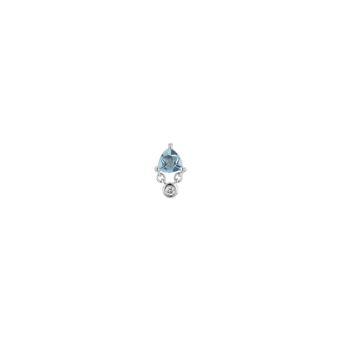 Single stud earring with blue gemstone and small diamond on a white background