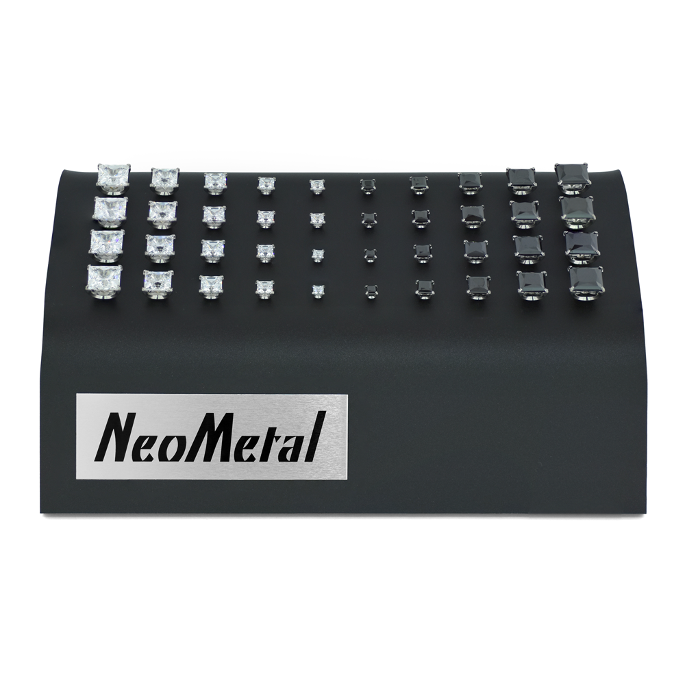 A 40 piece black acrylic display with Cubic Zirconia and Black Princess Cut Gem Ends