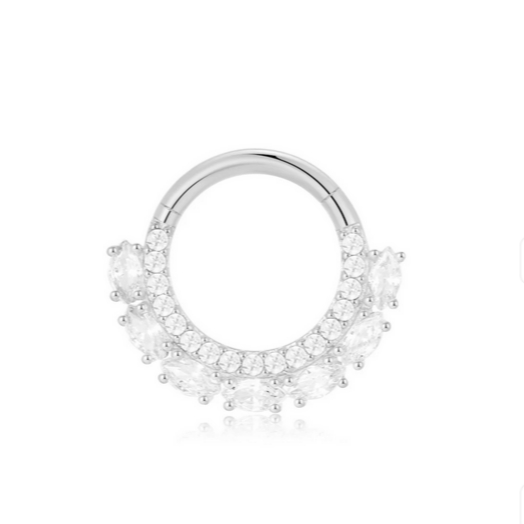 Silver nose ring with clear gemstones on a white background