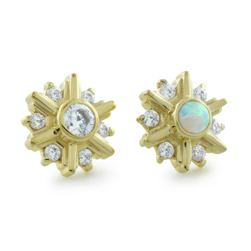 18K yellow gold settings with a cubic zirconia or white opal center gem surrounded by 6 smaller cubic zirconia gems
