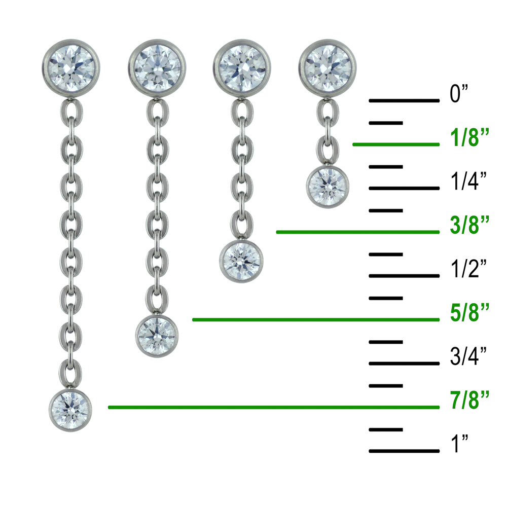 4 chain lengths of our titanium double bezel dangle featuring cubic zirconia gems