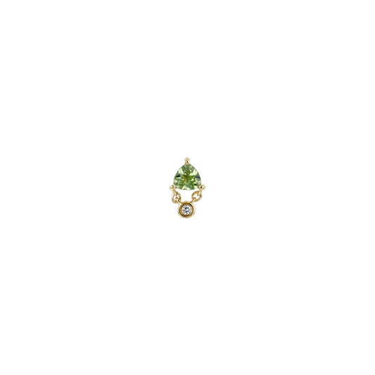 Green teardrop gemstone pendant with gold chain on a white background