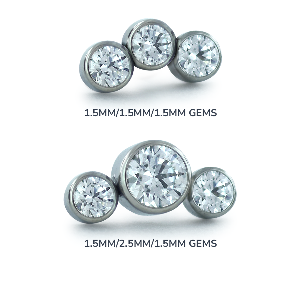 A 3-piece curved cluster featuring 1.5mm Cubic Zirconia Gems in threadless titanium bezel settings and A 3-piece curved cluster featuring 1.5mm and 2.5mm Cubic Zirconia Gems in threadless titanium bezel settings