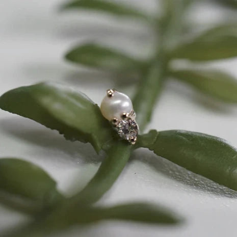 Pearl earring on a green leaf with a blurred background