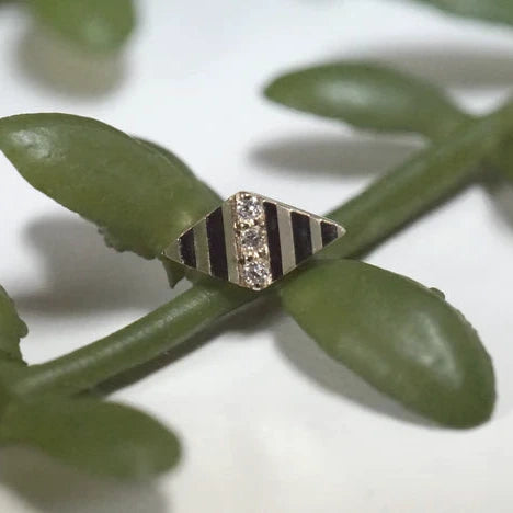 Earring with black and gold striped design on a green leaf
