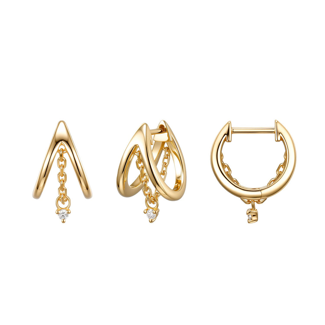 Split Huggie - Solid Gold & Chain + Diamond Dangle