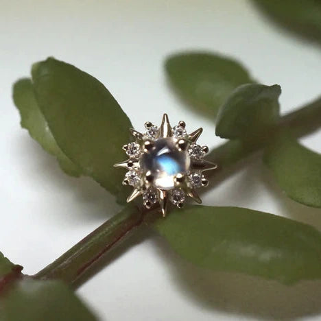 Gold ring with a blue gemstone on a green leaf background