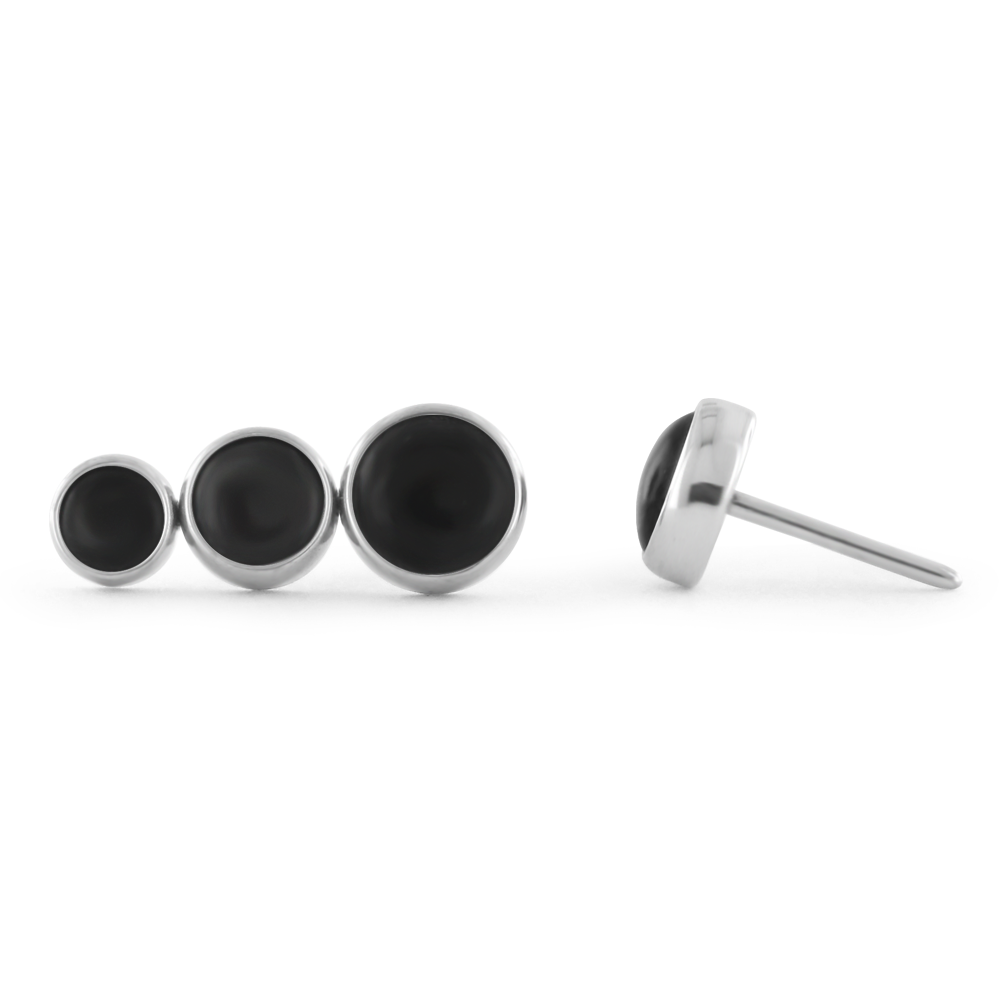 Front and side view of the 3-piece threadless titanium bezel set cabochon cluster - tapered