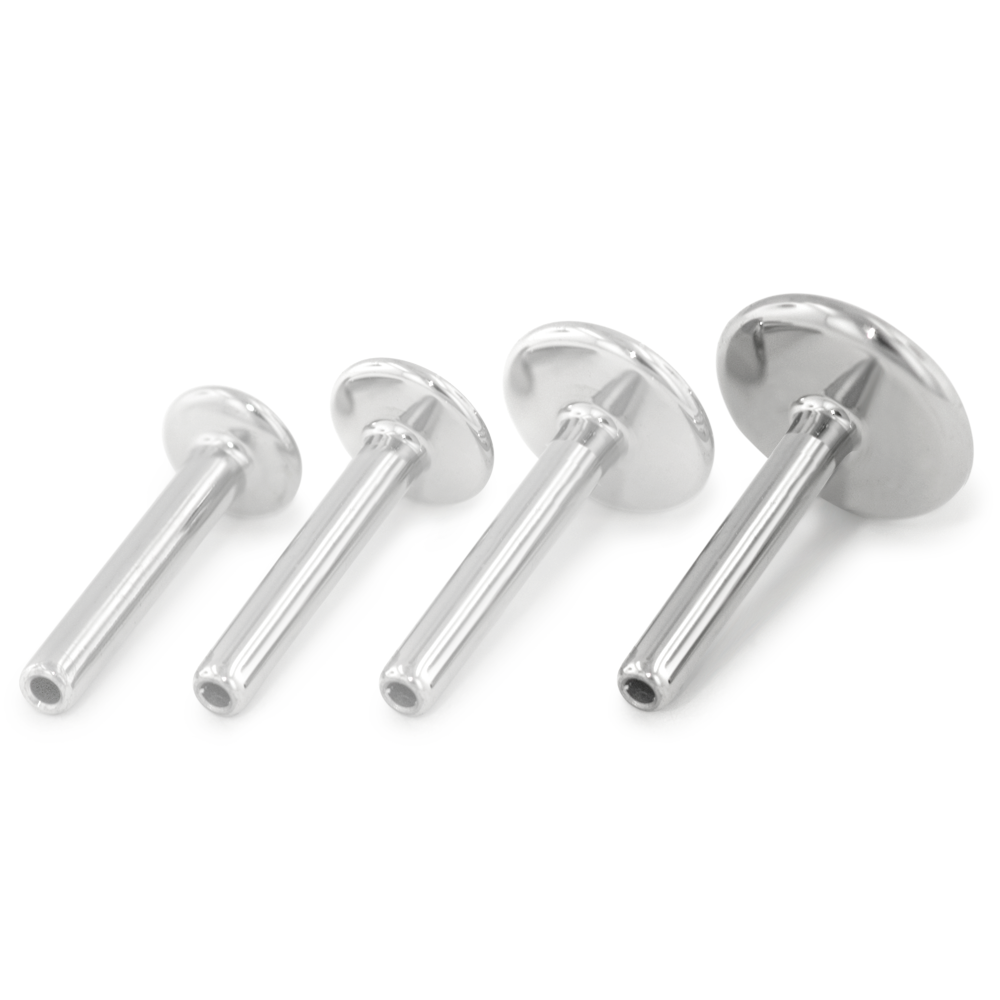 A row of threadless titanium 18 gauge Labrets with the 5mm disk back highlighted