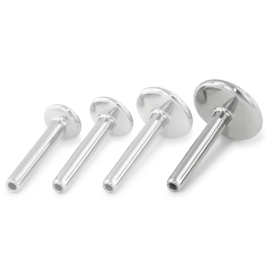 A row of threadless titanium 18 gauge Labrets with the 5mm disk back highlighted
