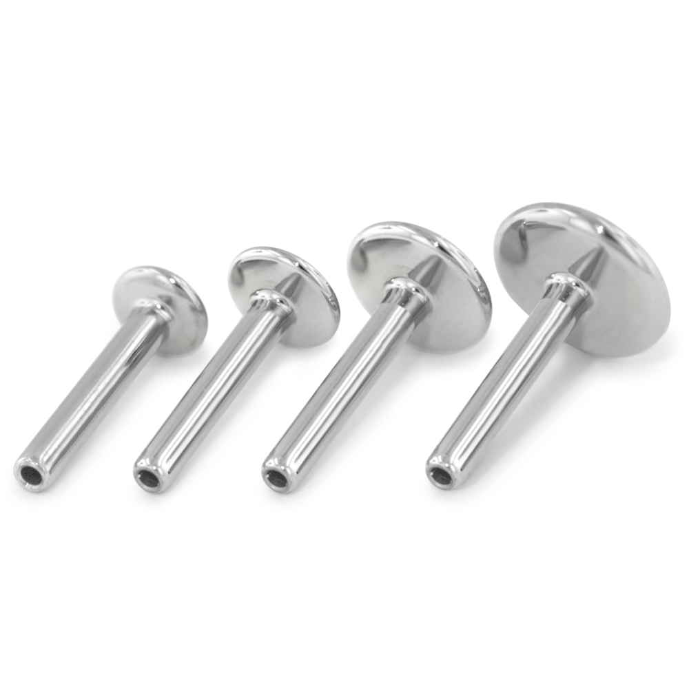 A row of threadless titanium 18 gauge Labrets
