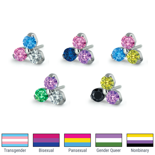 Threadless Titanium Trinity Gem Ends featuring colors for the Transgender Flag, Bisexual Flag, Pansexual Flag, Gender Queer Flag, and Nonbinary Flag