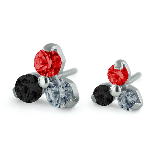 Threadless Titanium Trinity Gem End with Ruby, Ocean Grey, and Black Gems