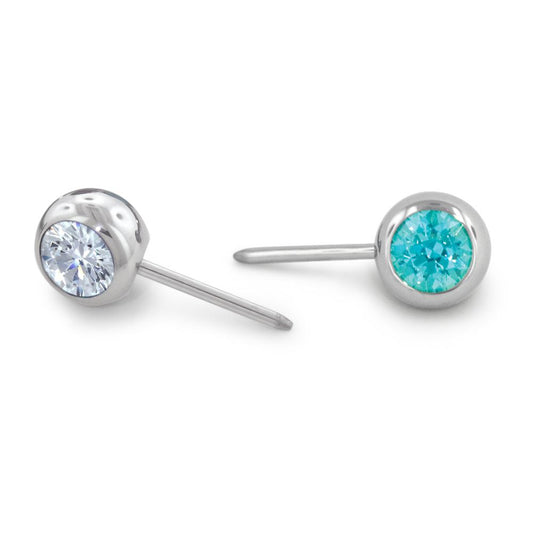 A pair 14-gauge titanium set faceted gem ends with a cubic zirconia gem and a mint green gem.